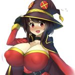  1girl alternate_breast_size bangs black_hair blush breasts choker clavicle eyebrows_visible_through_hair fingerless_gloves gloves hands_on_headwear hat kono_subarashii_sekai_ni_shukufuku_wo! looking_at_viewer megumin open_mouth red_eyes short_hair_with_long_locks sinensian solo speech_bubble spoken upper_body wavy_mouth witch witch_hat 