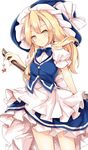  apron blonde_hair blue_bow blue_neckwear blue_skirt blue_vest blush bow bowtie broom closed_mouth collared_shirt commentary_request cowboy_shot frilled_skirt frills frown hair_between_eyes hat hat_bow highres hopeless_masquerade kirisame_marisa long_hair looking_at_viewer maremay0513 puffy_short_sleeves puffy_sleeves shirt short_sleeves sidelocks skirt solo star touhou urban_legend_in_limbo vest waist_apron white_bow white_shirt witch_hat yellow_eyes 