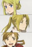  1girl 2boys alphonse_elric bangs blonde_hair blue_eyes brown_hair coat conqueror_of_shambala earrings edward_elric expressionless eyebrows_visible_through_hair fullmetal_alchemist grey_background grey_eyes grin happy jewelry long_hair looking_away multiple_boys open_mouth panels ponytail red_coat riru siblings smile tied_hair winry_rockbell yellow_eyes 