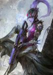 absurdres bodysuit breasts cleavage daniel_kamarudin from_side gun head_mounted_display highres holding holding_gun holding_weapon long_hair medium_breasts nose overwatch pink_bodysuit plunging_neckline ponytail profile purple_hair purple_lips purple_skin sitting solo tracer_(overwatch) weapon widowmaker_(overwatch) yellow_eyes 