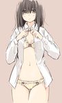  bangs black_hair blush bra brown_background brown_eyes buttoning closed_mouth commentary_request cowboy_shot dress_shirt dressing eyebrows_visible_through_hair frilled_bra frilled_panties frills hair_between_eyes highres long_hair long_sleeves looking_at_viewer matsuda_hikari navel original panties shirt simple_background sketch solo thighs underwear yellow_bra yellow_panties 