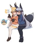  :d animal_ears black_gloves black_legwear blazer blonde_hair blush brown_eyes closed_mouth extra_ears ezo_red_fox_(kemono_friends) fang fox_ears fox_tail full_body fur_trim gloves gradient_hair hair_between_eyes handheld_game_console hands_on_another's_shoulders jacket japari_symbol kemono_friends kugi_ta_hori_taira loafers long_hair multicolored_hair multiple_girls necktie open_mouth pantyhose playing_games pleated_skirt shoes silver_fox_(kemono_friends) silver_hair sitting skirt smile stylus tail two-tone_hair very_long_hair yellow_legwear 