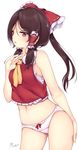  alternate_hairstyle armpits ascot ass_visible_through_thighs bare_arms bare_shoulders black_hair blush bow breasts brown_eyes brown_hair commentary cowboy_shot hair_bow hair_tubes hakurei_reimu highres long_hair looking_at_viewer maremay0513 navel no_detached_sleeves no_pants nontraditional_miko panties parted_lips ponytail red_bow red_shirt shirt sideboob sidelocks sleeveless sleeveless_shirt small_breasts solo stomach touhou underwear white_panties 