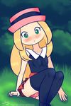  1girl black_legwear blonde_hair blush female green_eyes hat legwear looking_at_viewer panties pink_hat pink_panties pleated_skirt pokemon pokemon_(game) pokemon_xy red_skirt ryuhi serena_(pokemon) sitting solo thighhighs underwear upskirt 