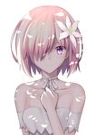  bandeau bangs bare_shoulders besmiled breasts closed_mouth collarbone commentary dappled_sunlight eyebrows_visible_through_hair fate/grand_order fate_(series) flower hair_flower hair_ornament hair_over_one_eye hand_on_own_chest looking_at_viewer mash_kyrielight medium_breasts pink_hair purple_eyes short_hair simple_background smile solo sunlight upper_body white_background white_flower 