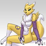  2017 3_fingers antrhro black_sclera blue_eyes breasts canine chest_tuft digimon female fox fur heresy_(artist) mammal multicolored_fur nude renamon sketch solo tuft two_tone_fur white_fur yellow_fur 