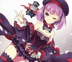  ;) bare_shoulders blush colonel_olcott_(fate/grand_order) commentary_request fate/grand_order fate_(series) flat_chest fujii_jun hat helena_blavatsky_(fate/grand_order) jacket looking_at_viewer one_eye_closed purple_eyes purple_hair short_hair smile solo strapless thighhighs tree_of_life 