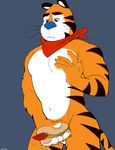  anthro cum cum_drip dripping feline food food_play frosted_flakes grey_background kerchief male mammal masturbation mostly_nude penis simple_background sinnamom solo standing tiger tony_the_tiger 