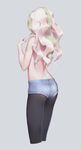  ass black_legwear denim denim_shorts diana_cavendish from_behind grey_background highres light_brown_hair light_green_hair little_witch_academia long_hair maredoro multicolored_hair pantyhose pregnancy_test short_shorts shorts simple_background solo topless two-tone_hair 