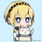  1boy 1girl aegis_(persona) android blonde_hair blue_eyes dog koromaru persona persona_3 short_hair 