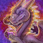  2017 coffee_mug dragon female feral happy holding_cup holding_object horn looking_at_viewer membranous_wings portrait purple_body purple_eyes purple_skin samantha-dragon smile solo tongue tongue_out traditional_media_(artwork) warm_colors watercolor_(artwork) wings 