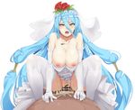  1girl aqua_(fire_emblem_if) bar_censor blue_hair breasts bridal_gauntlets bridal_legwear bridal_veil censored cleavage clothed_female_nude_male cowgirl_position cum cum_in_pussy dress excessive_cum fire_emblem fire_emblem_heroes fire_emblem_if flower girl_on_top hair_flower hair_ornament hetero jewelry large_breasts long_hair looking_at_viewer necklace nipples nude penis pointless_censoring pov pussy sex simple_background stormcow straddling sweat thighhighs torogao veil very_long_hair yellow_eyes 