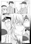  admiral_(kantai_collection) beret burn_scar comic commentary english_commentary glasses greyscale hat kantai_collection kashima_(kantai_collection) monochrome multiple_boys robba-san_(wangphing) scar scared sweat twintails wangphing 