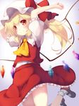  arms_up ascot bangs blonde_hair closed_mouth commentary_request crystal eyebrows_visible_through_hair eyes_visible_through_hair flandre_scarlet frilled_legwear frilled_shirt_collar frilled_skirt frills gengetsu_chihiro hat hat_ribbon jumping looking_at_viewer mary_janes mob_cap puffy_short_sleeves puffy_sleeves red_eyes red_ribbon red_skirt red_vest ribbon shirt shirt_tucked_in shoes short_sleeves side_ponytail simple_background skirt smile solo touhou vest white_hat white_legwear white_shirt wings 