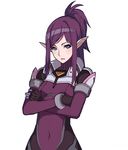  blue_eyes bodysuit breasts closed_mouth covered_navel crossed_arms detexted kugi_ta_hori_taira lips long_hair looking_at_viewer macross macross_delta mirage_farina_jenius one_side_up pointy_ears purple_hair sidelocks simple_background small_breasts solo third-party_edit white_background 