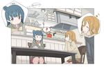  2girls blue_hair blush brown_hair chair closed_mouth commentary eating eighth_note hair_bun hands_on_own_cheeks hands_on_own_face holding holding_spoon indoors jitome kasa_list kitchen kunikida_hanamaru love_live! love_live!_sunshine!! multiple_girls musical_note purple_eyes rice sitting speech_bubble spoken_exclamation_mark spoon thought_bubble tsushima_yoshiko 