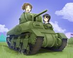  arisaka_miyako black_hair brown_hair building caterpillar_tracks cloud day dead_people glasses grass green_eyes ground_vehicle military military_vehicle minabe_tetsumi motor_vehicle multiple_girls original ram_(tank) red_eyes sky tank 