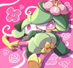 blush bright_pupils commentary_request crown flower highres hisuian_lilligant lilligant looking_at_viewer mini_crown nettsuu on_lap pink_background pink_flower pokemon pokemon_(creature) pokemon_on_lap purple_eyes shoes sitting sweatdrop white_pupils yellow_footwear 