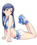  ass bikini blue_hair blush collarbone high_heels highres idolmaster idolmaster_(classic) kisaragi_chihaya long_hair midriff sailor_bikini sailor_collar sailor_swimsuit_(idolmaster) sandals simple_background solo strappy_heels swimsuit tsurui white_background yellow_eyes 