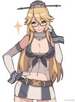  adjusting_eyewear bespectacled blonde_hair blue_eyes breasts cleavage closed_mouth collar cowboy_shot elbow_gloves garter_straps glasses gloves hair_between_eyes hand_on_hip hat iowa_(kantai_collection) kantai_collection kugi_ta_hori_taira large_breasts lips long_hair looking_at_viewer miniskirt navel navel_cutout red-framed_eyewear semi-rimless_eyewear sidelocks simple_background skirt smile solo sparkle star star-shaped_pupils symbol-shaped_pupils under-rim_eyewear white_background wrist_cuffs 
