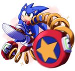  arms_(game) commentary full_body furry green_eyes grin hedgehog highres jewelry jumping looking_at_viewer male_focus motion_blur ring shoes signature smile sneakers solo sonic sonic_the_hedgehog sparkle spring_(object) wereshoes 