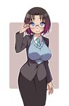  bangs black_hair blue_eyes breasts elma_(maidragon) glasses kobayashi-san_chi_no_maidragon kugi_ta_hori_taira large_breasts looking_at_viewer multicolored_hair necktie parted_bangs purple_hair rimless_eyewear short_hair simple_background skirt smile solo two-tone_hair vest 