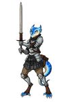  anthro armor blue_scales claws digitigrade dragon female guoh horn melee_weapon scales scalie solo sword weapon yellow_eyes zweihander 