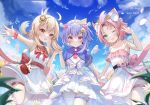  3girls :d ;d ahoge alternate_costume animal_ears armpits bangs bangs_pinned_back bird blue_sky blurry bow braid cat_ears cat_girl cloud cloudy_sky clover_print coin_hair_ornament collarbone commentary_request depth_of_field diona_(genshin_impact) dress earrings eyebrows_visible_through_hair field flower flower_field forehead genshin_impact green_eyes hair_between_eyes hair_ribbon hairband highres holding_hands jewelry jiangshi jumpy_dumpty klee_(genshin_impact) light_brown_hair long_hair looking_at_viewer low_twintails miaogujun multiple_girls ofuda one_eye_closed orange_eyes pantyhose paw_print petals pink_hair pointy_ears pouch purple_eyes purple_hair qiqi_(genshin_impact) ribbon scrunchie short_hair short_sleeves sidelocks single_braid sky smile thighlet twintails white_dress white_legwear wind 