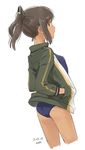  2017 ass blue_swimsuit brown_eyes brown_hair cowboy_shot dated flat_chest green_jacket hair_ornament hairclip hands_in_pockets i-401_(kantai_collection) jacket kantai_collection kawashina_(momen_silicon) ponytail profile short_ponytail simple_background solo standing swimsuit swimsuit_under_clothes white_background 