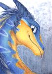  2017 blue_hair blue_skin dragon feral hair happy horn looking_at_viewer male multicolored_skin orange_skin portrait samantha-dragon smile solo tongue tongue_out traditional_media_(artwork) two_tone_skin watercolor_(artwork) 