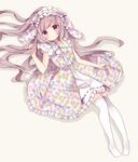  bangs blush closed_mouth commentary dress eyebrows_visible_through_hair frilled_dress frills grey_hair hand_up headdress highres long_hair looking_at_viewer lying on_back original over-kneehighs purple_eyes short_sleeves solo thighhighs tsukiyo_(skymint) unmoving_pattern white_legwear 