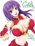  armpits blush breasts cleavage detached_sleeves kazakami_sayaka kudou_hiroshi large_breasts long_hair mahjong_monogatari midriff navel open_mouth purple_hair red_eyes sleeveless solo taut_clothes 