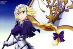  absurdres armor blonde_hair blue_background bow braid breasts capelet chain fate/apocrypha fate_(series) flag gauntlets gradient gradient_background hair_bow headpiece highres jeanne_d'arc_(fate) jeanne_d'arc_(fate)_(all) large_breasts long_hair magazine_scan official_art purple_eyes scan single_braid smile solo tokuoka_kohei white_background 