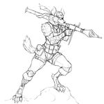  bandanna claws clothed clothing digitigrade female fully_clothed fur greyscale guoh hyena mammal monochrome paws ranged_weapon rocket_launcher rpg-7 shaved sketch smile solo spots spotted_fur tattoo toe_claws tooth_necklace weapon 