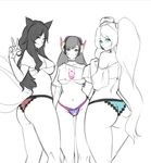  ahri animal_ears animal_print ass ass_visible_through_thighs black_hair blue_eyes breasts bunny_print choker crop_top crop_top_overhang d.va_(overwatch) fox_ears fox_tail hands_on_own_chest headphones large_breasts league_of_legends long_hair looking_at_viewer looking_back medium_breasts multiple_girls navel overwatch partially_colored pixel_panties rush_(rush-it) sketch smile sona_buvelle tail take_your_pick twintails underboob v very_long_hair whisker_markings yellow_eyes 