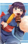 back_bow bangs binding_discoloration blue_background blue_kimono blush bow corn cotton_candy dirty_face dual_wielding food food_in_mouth food_on_face hair_ribbon highres holding ikayaki japanese_clothes kawai_makoto kimono koufuku_graffiti large_bow looking_at_viewer morino_kirin mouth_hold nose_blush purple_eyes purple_hair red_bow red_ribbon red_sash ribbon sash short_hair short_twintails solo squid standing sweat sweatdrop translation_request twintails v-shaped_eyebrows wide_sleeves yakitoumorokoshi 