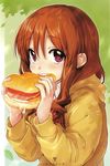  bangs blush bow bowtie bread brown_hair cheese eating egg fingernails food hair_between_eyes highres holding holding_food hood hood_down hoodie kawai_makoto koufuku_graffiti long_hair long_sleeves looking_at_viewer machiko_ryou meat open_mouth pink_eyes plaid_neckwear red_bow red_neckwear sandwich school_uniform shiny shiny_hair solo sweater teeth tomato upper_body white_collar wing_collar yellow_sweater 