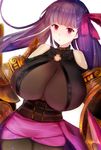  ancolatte_(onikuanco) blush breasts cowboy_shot eyebrows_visible_through_hair fate/extra fate/extra_ccc fate_(series) hair_ribbon highres huge_breasts long_hair looking_at_viewer parted_lips passion_lip pink_ribbon purple_eyes purple_hair ribbon solo 
