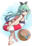  adapted_costume ass barefoot bikini black_bikini breasts cleavage full_body green_eyes green_hair hair_between_eyes hair_ornament hair_ribbon hairclip hat hat_removed headwear_removed highres innertube kantai_collection long_hair looking_at_viewer myuan_(muumworks) ponytail ribbon small_breasts solo standing swimsuit yamakaze_(kantai_collection) 