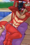  2017 alcohol anthro bashbl-ux beverage bulge clothing cocktail detailed_background dragon dratter felix_reverie hi_res hybrid male mammal mustelid otter poolside solo swimming_pool underwear 