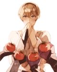  ai-wa blonde_hair blush covered_mouth covering_mouth elbow_gloves european_clothes fire_emblem fire_emblem_if food giving gloves hands_over_own_mouth holding holding_food leon_(fire_emblem_if) male_focus out_of_frame own_hands_together pov pov_hands simple_background solo_focus surprised tomato upper_body vegetable w_arms white_background 
