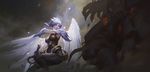  angel_wings blue_eyes breasts cleavage closed_mouth dao_trong_le dated dawnbringer_riven feather-trimmed_gloves feathered_wings glowing glowing_eyes highres league_of_legends lips looking_at_viewer medium_breasts nose red_lips riven_(league_of_legends) short_hair signature solo standing sword weapon white_hair white_wings wings 