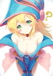  ? bare_shoulders blonde_hair blue_hat blush_stickers breasts choker cleavage collarbone dark_magician_girl gauntlets green_eyes hair_between_eyes hat head_tilt igakusei large_breasts leaning_forward long_hair looking_at_viewer simple_background solo star upper_body v_arms white_background yuu-gi-ou 