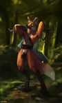  2017 abs anthro athletic balls belt biceps black_fur black_nose black_penis bracelet canine cape chunie claws clothing detailed_background digital_media_(artwork) digitigrade fluffy fluffy_tail foreskin forest fur gloves_(marking) hi_res humanoid_penis jewelry looking_at_viewer male mammal maned_wolf markings melee_weapon mostly_nude multicolored_fur nipples orange_fur outside pecs penis pubes smile socks_(marking) solo standing sword toe_claws toes tree uncut water weapon white_fur 