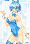  animal_ears artist_name ass_visible_through_thighs blue_bow blue_eyes blue_hair blue_legwear blue_neckwear blush bow bowtie breasts bunny_ears bunny_tail bunnysuit cleavage eyebrows_visible_through_hair fake_animal_ears fake_tail hair_ornament hairband highres large_breasts looking_at_viewer marker_(medium) open_mouth re:zero_kara_hajimeru_isekai_seikatsu rem_(re:zero) short_hair smile solo tail takecha thighhighs traditional_media wrist_cuffs x_hair_ornament 