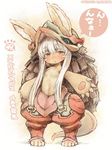 2016 :o animal_ears artist_name barefoot blush bunny bunny_ears bunny_girl claws colored_eyelashes dated eyebrows eyebrows_visible_through_hair eyelashes flat_chest full_body fur furry hair_ornament hat horizontal_pupils horns legs_apart long_hair looking_at_viewer made_in_abyss midriff nanachi_(made_in_abyss) navel open_mouth orange_eyes pants paw_print pouch puffy_pants shigatake solo standing stomach straight_hair tail whiskers 