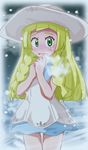  1girl blonde_hair blush braid cold dress green_eyes hand_to_own_mouth hands_together hands_up hat have_to_pee lillie_(pokemon) looking_at_viewer open_mouth pokemon pokemon_sm sisinon sleeveless sleeveless_dress snow snowing solo standing steam sun_hat thigh_gap twin_braids wavy_mouth white_dress white_hat 
