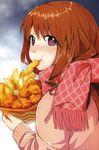  :t bangs blush brown_hair checkered checkered_scarf chicken_(food) closed_mouth eating eyebrows_visible_through_hair food food_in_mouth french_fries hair_between_eyes highres kawai_makoto koufuku_graffiti long_hair long_sleeves looking_at_viewer machiko_ryou nose_blush pink_scarf pink_sweater purple_eyes scarf shiny shiny_hair solo straight_hair sweater translation_request 