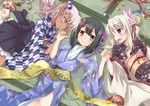  :d alternate_hairstyle bell black_hair blonde_hair braid butterfly_hair_ornament chloe_von_einzbern commentary dark_skin fate/kaleid_liner_prisma_illya fate_(series) floral_print flower girl_sandwich grey_hair hair_bobbles hair_bun hair_flower hair_ornament hair_up holding_hands illyasviel_von_einzbern japanese_clothes jingle_bell kimono long_hair looking_at_another looking_at_viewer lying miyu_edelfelt multiple_girls nora-toro obi on_back on_floor on_side open_mouth orange_eyes origami paper_crane red_eyes sandwiched sash side_ponytail smile tatami yagasuri yellow_eyes 