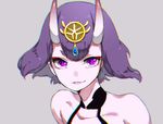  bangs bare_shoulders black_choker blunt_bangs choker chromatic_aberration collarbone commentary_request eyebrows eyelashes face fate/grand_order fate_(series) floating_hair gem grey_background horns koujira looking_at_viewer makeup mascara oni oni_horns parted_lips purple_eyes purple_hair sapphire_(stone) short_eyebrows short_hair shuten_douji_(fate/grand_order) simple_background slit_pupils smile solo thick_eyebrows upper_body wind 